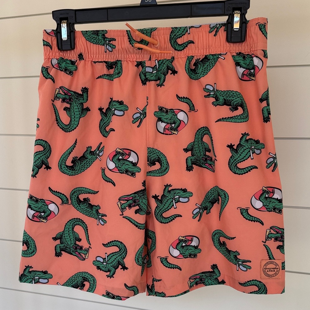 Boys Abercrombie Kids Coral Swim Shorts with Green Alligator Print